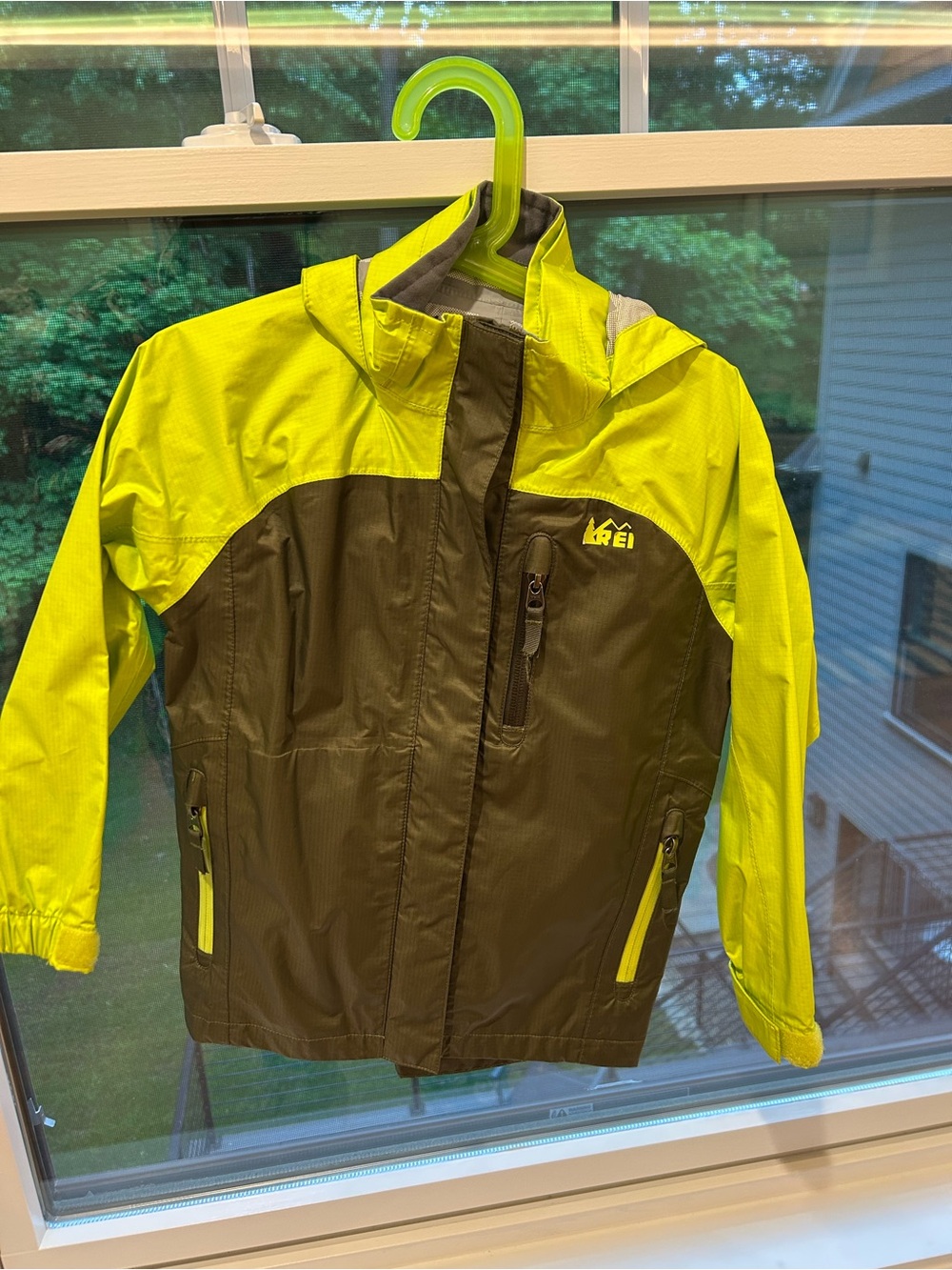 REI Neon Yellow and Olive Kids' Waterproof Rain Jacket